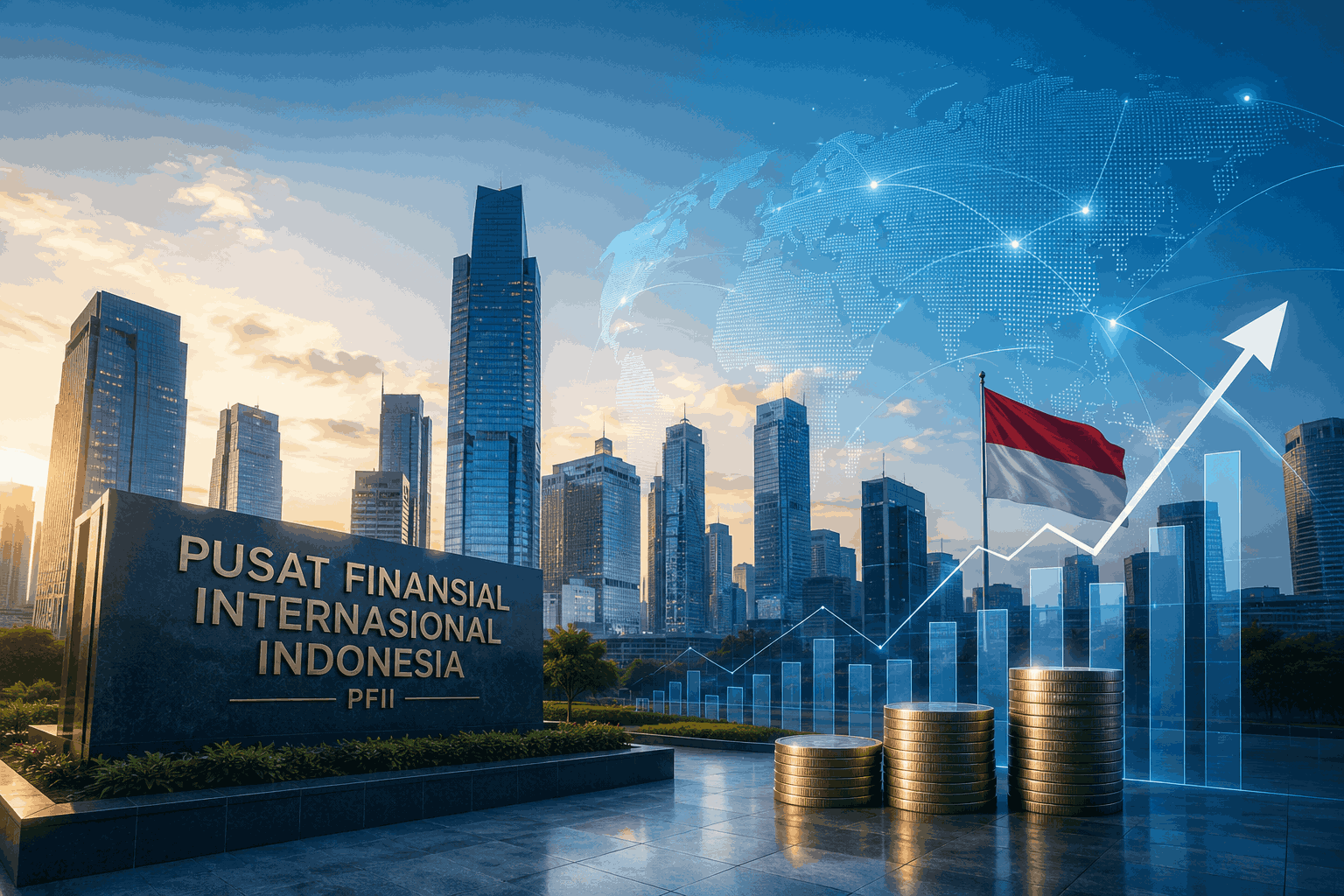 Illustration of Indonesia's International Financial Center (PFII), officially established through the PFII Law on 21 July 2026 to support global investment and strengthen Indonesia's financial sector.