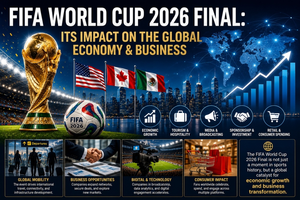 FIFA World Cup 2026 Final illustrating its impact on the global economy, tourism, media, sponsorship, and business growth.